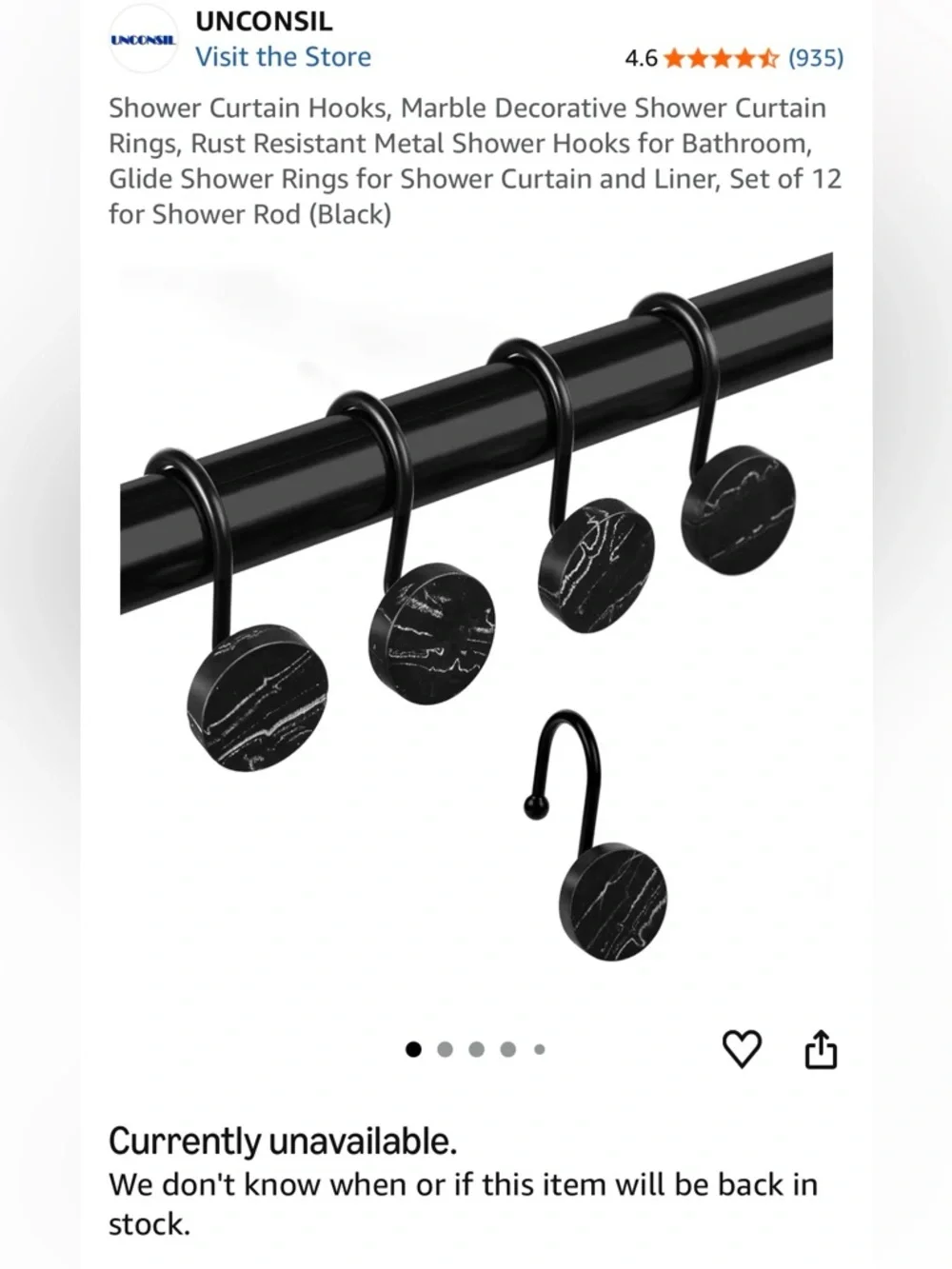 Shower Curtain Hooks- Black Marble Look- Set of 12